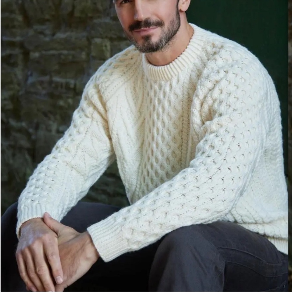 Vintage Chunky Cable Knit Wool Aran Irish Fisherman Sweater White Size XS